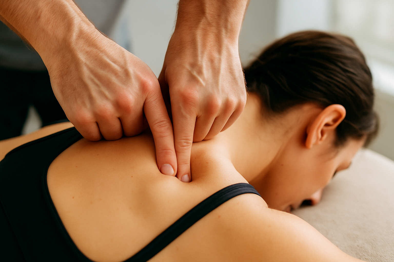 Focused pressure to a shoulder trigger point — a hands-on technique used to release muscle knots and relieve pain.